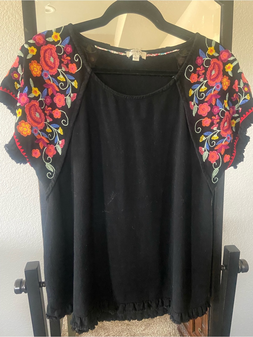 Umgee Black Top with Multicolor Floral Embroidered Sleeves
